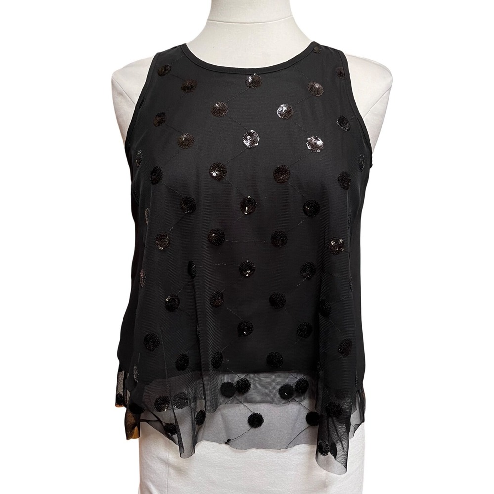 Loft Black Sleeveless Top Sequin Polka‎ Dot Layered Chiffon Back Whimsigoth XS